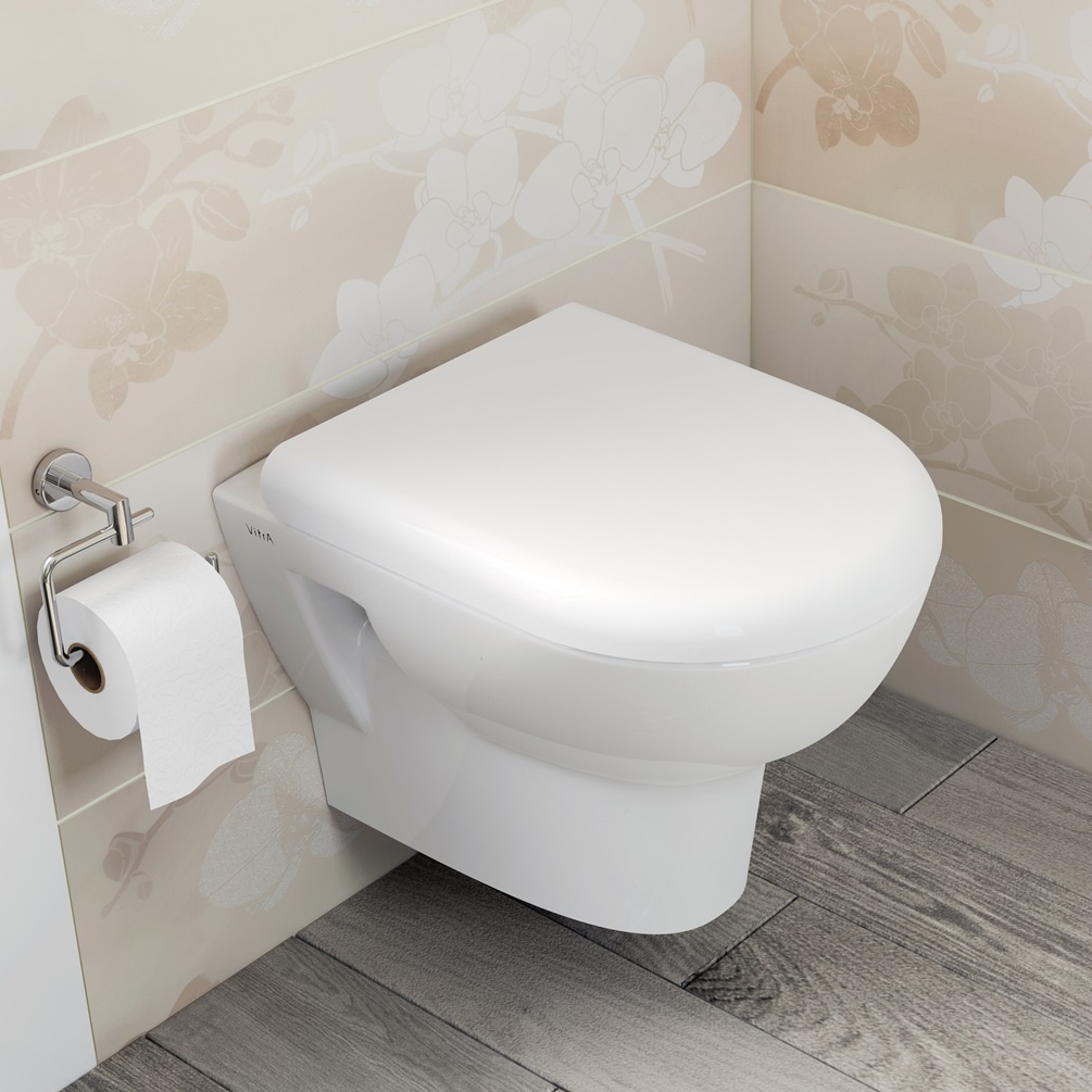 Product Lifestyle Image of Vitra Zentrum Rimless Wall Hung Toilet and Seat 5795WH